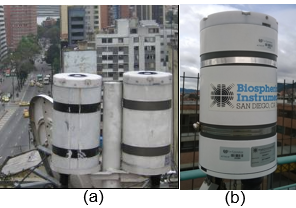 a) Dos de los Espectroradiómetros Biospherical GUV-511 utilizados por el IDEAM. b) Espectroradiómetro Biospherical GUV-2511 utilizado por la Fundación Universitaria Los Libertadores.