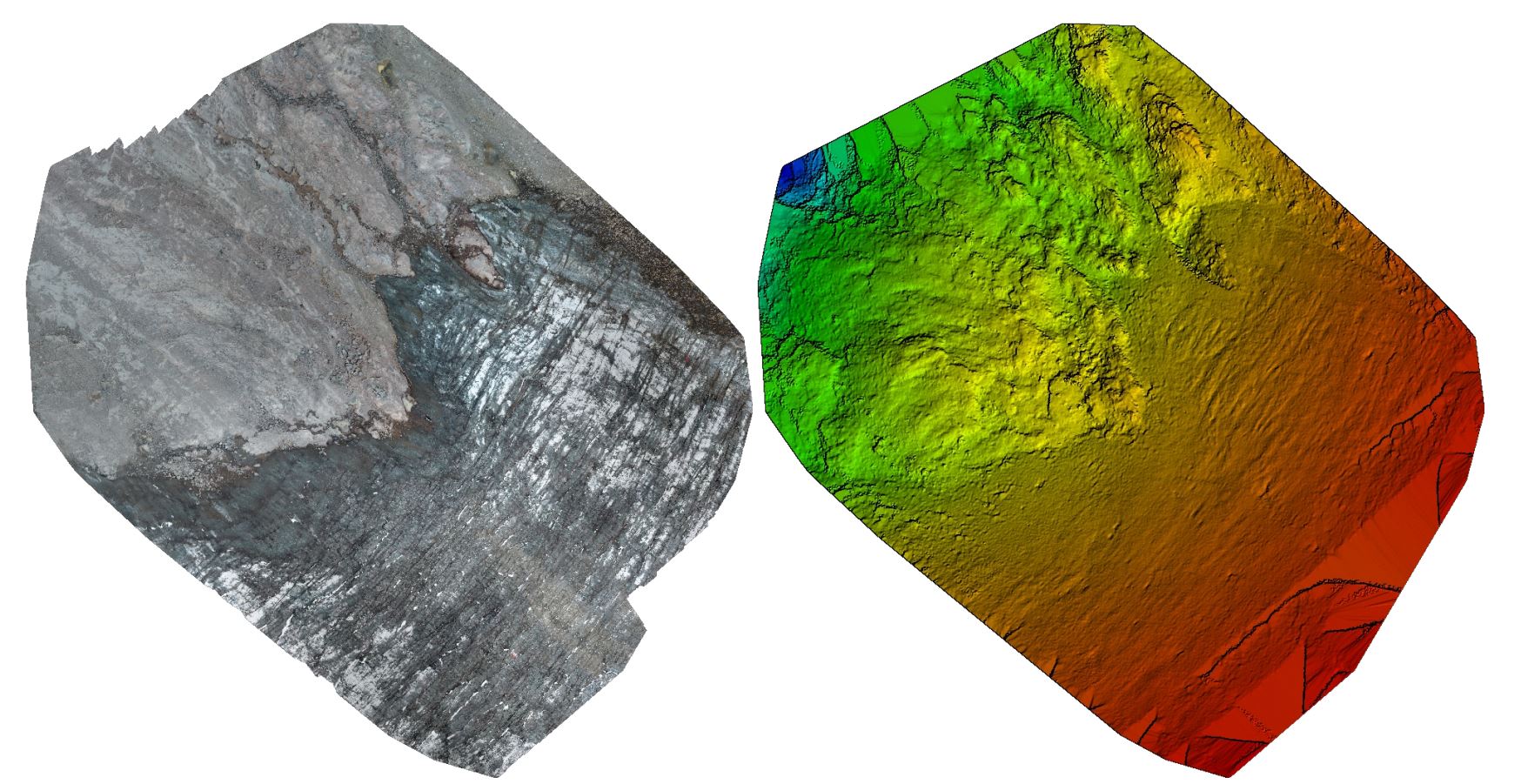Fotomosaico y modelo digital de superficie del borde inferior del glaciar Conejeras