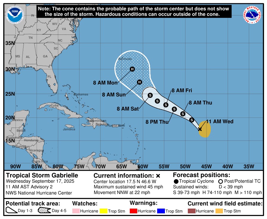 Gráfica 1. Ubicación de la tormenta tropical Gabrielle sobre el océano Atlántico tropical central. Miércoles 17 de septiembre de 2025, hora 10:00 HLC.  Fuente: https://www.nhc.noaa.gov/