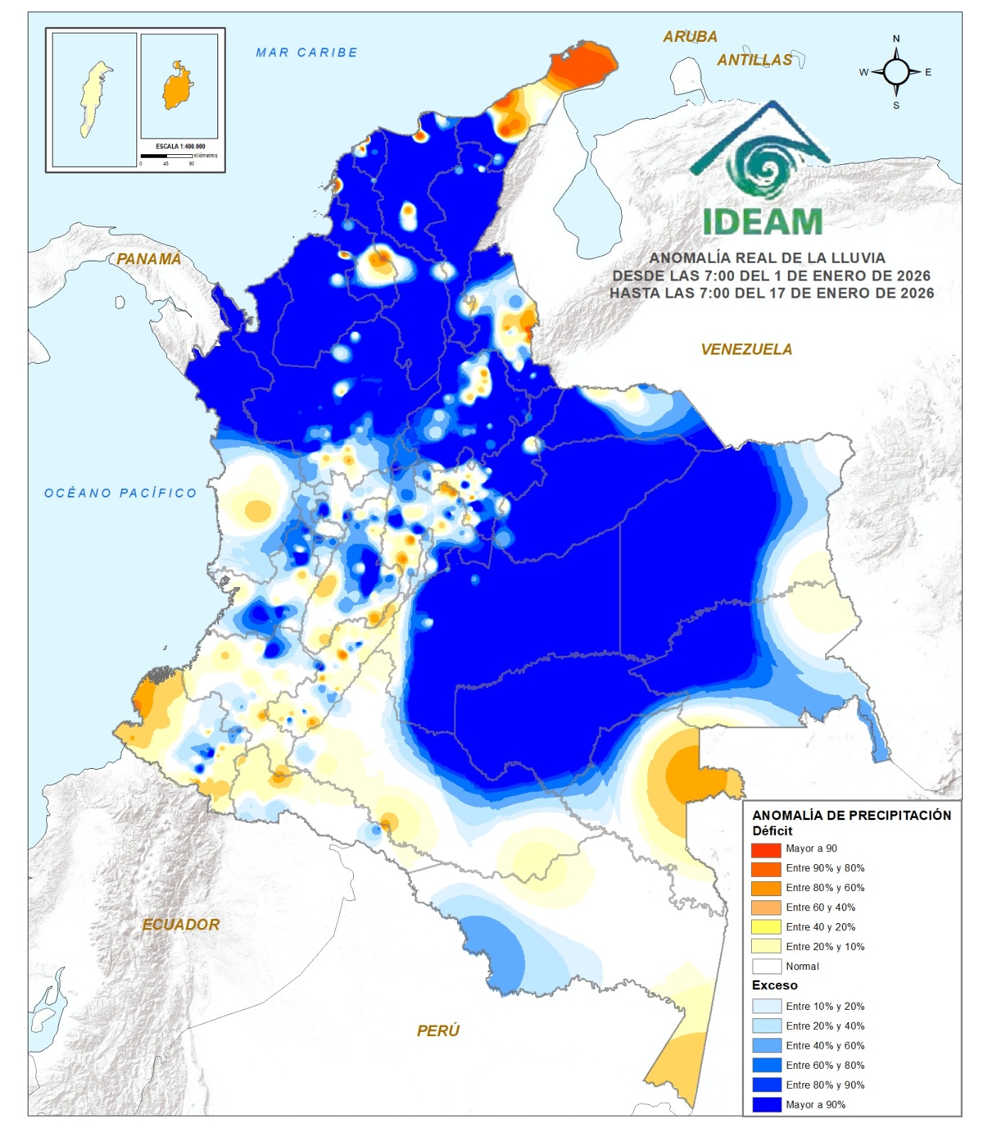 Anomalía real de la lluvia desde el 1 al 17 de enero de 2026.