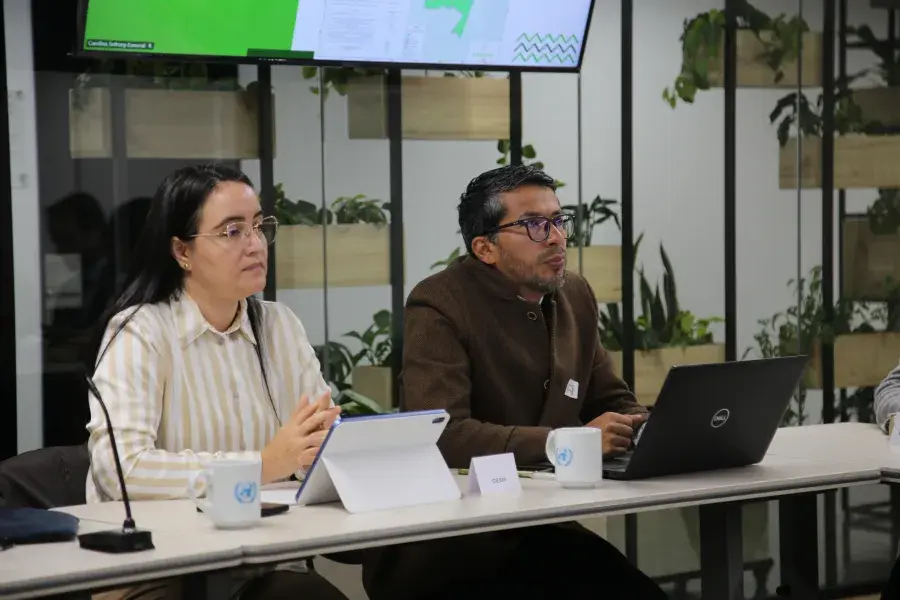 eunión de trabajo en una sala moderna con decoración minimalista y plantas. Ocho personas están sentadas alrededor de una mesa en forma de U, con laptops, tabletas, cuadernos y tazas. En el fondo, una pantalla muestra una presentación titulada "Fases del Proceso", con un cronograma de actividades entre abril y septiembre. Una mujer de pie, con mascarilla, sostiene un celular y observa la escena. Todos los participantes parecen estar atentos; algunos toman notas, otros escuchan o miran la pantalla.
