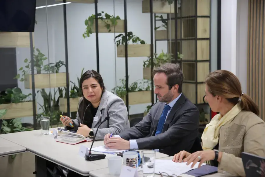 eunión de trabajo en una sala moderna con decoración minimalista y plantas. Ocho personas están sentadas alrededor de una mesa en forma de U, con laptops, tabletas, cuadernos y tazas. En el fondo, una pantalla muestra una presentación titulada "Fases del Proceso", con un cronograma de actividades entre abril y septiembre. Una mujer de pie, con mascarilla, sostiene un celular y observa la escena. Todos los participantes parecen estar atentos; algunos toman notas, otros escuchan o miran la pantalla.