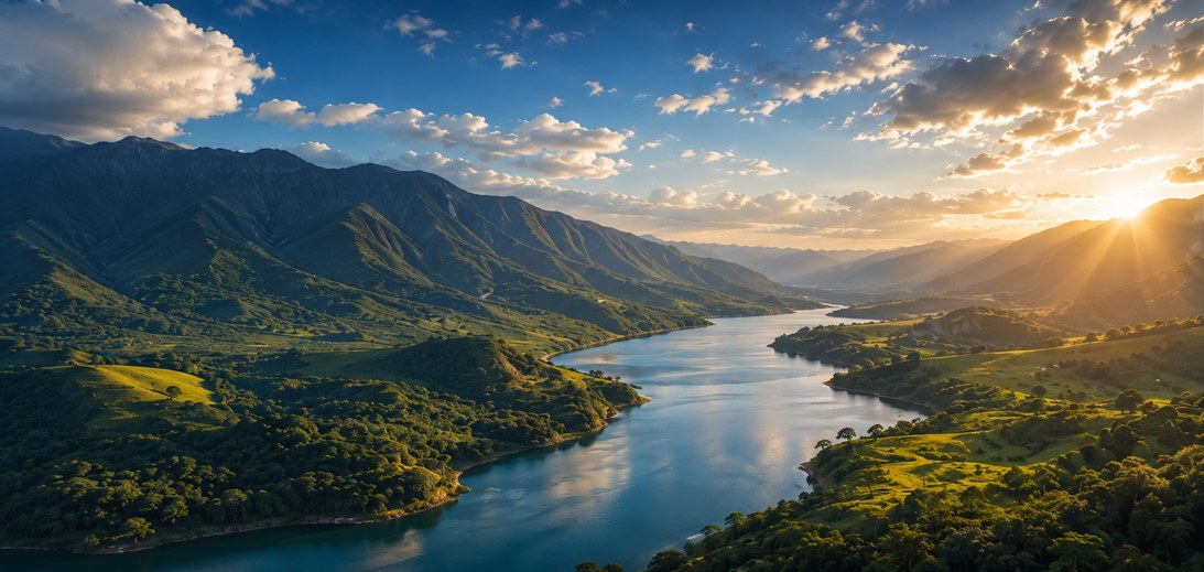 Paisaje de montañas y río en Colombia al atardecer